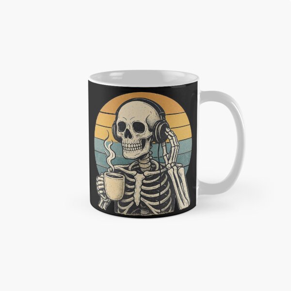 Item preview, Skeleton Drinking Coffee with Headphones - Retro Sunset Illustration designed and sold by UrbanCanvas 111.