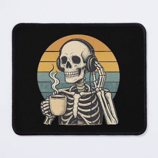 Item preview, Skeleton Drinking Coffee with Headphones - Retro Sunset Illustration designed and sold by UrbanCanvas 111.