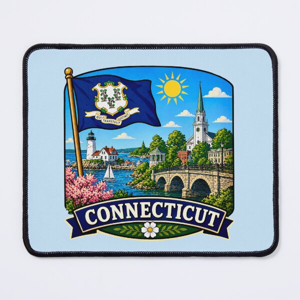 Item preview, Connecticut with Flag, Coastal Town and Lighthouse designed and sold by Myra365Art.