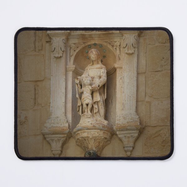Item preview, Weathered Madonna And Child Statue In Ornate Stone Shrine On Historic Church Wall designed and sold by Nmallia.