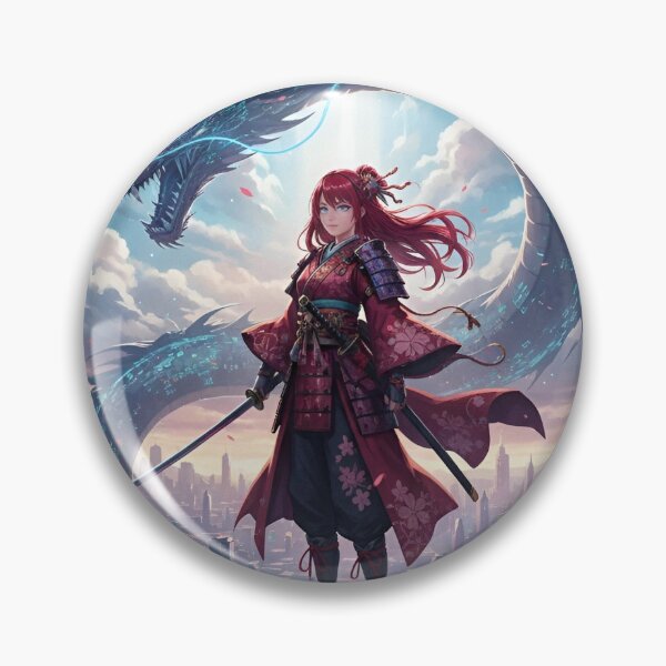 Item preview, Female anime samurai in a cyberpunk setting with a dragon behind her designed and sold by Lkimi.