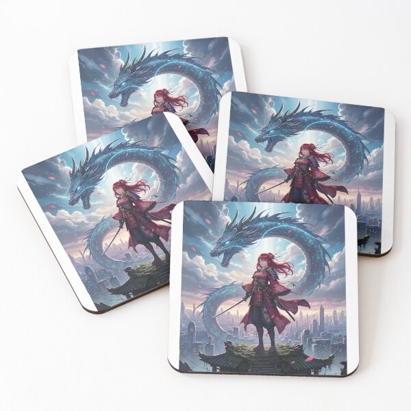 Item preview, Female anime samurai in a cyberpunk setting with a dragon behind her designed and sold by Lkimi.