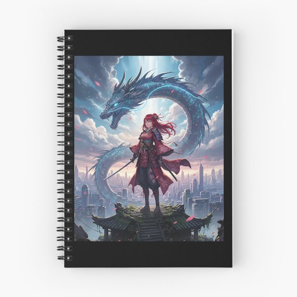 Item preview, Female anime samurai in a cyberpunk setting with a dragon behind her designed and sold by Lkimi.