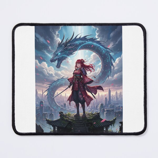 Item preview, Female anime samurai in a cyberpunk setting with a dragon behind her designed and sold by Lkimi.