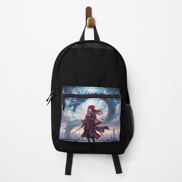 Item preview, Female anime samurai in a cyberpunk setting with a dragon behind her designed and sold by Lkimi.