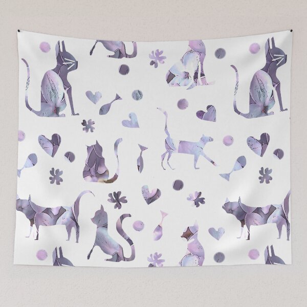 Item preview, Purple Cats, fish, hearts Pattern  designed and sold by Brightside-art.