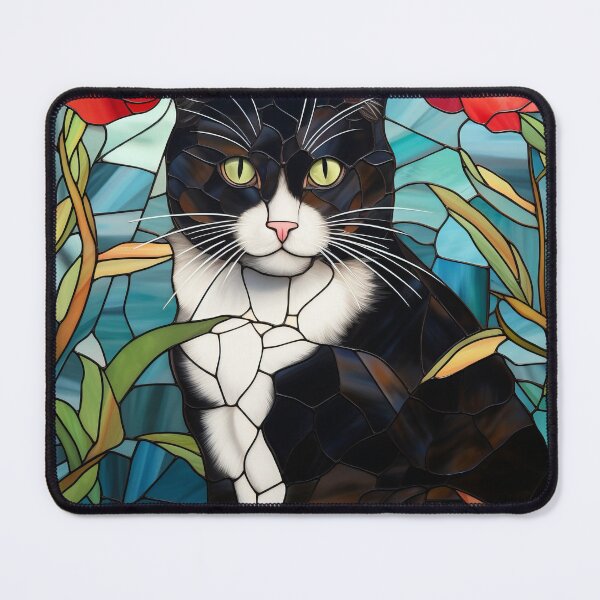 Item preview, Stained Glass Tuxedo Cat in Rose Garden designed and sold by pinkal.