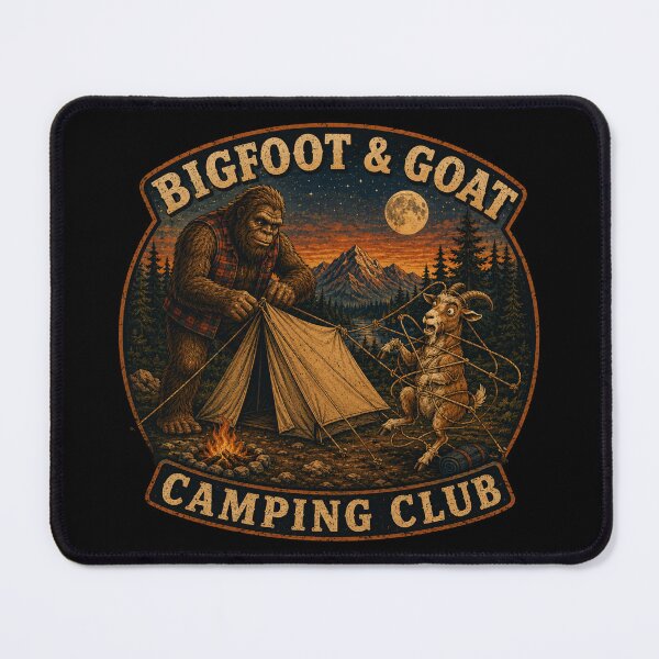 Item preview, Bigfoot & Goat Camping Club – Tent Trouble designed and sold by NicheBloom.