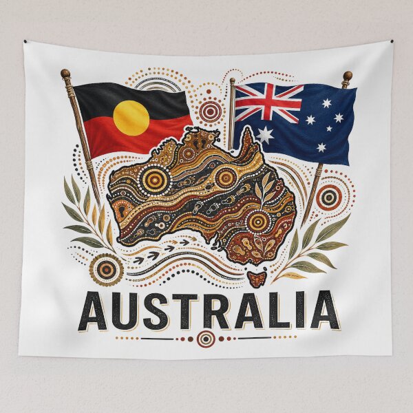 Item preview, Australia United – Aboriginal-Inspired Map with Australian & Aboriginal Flags designed and sold by Holiday-Hunter.