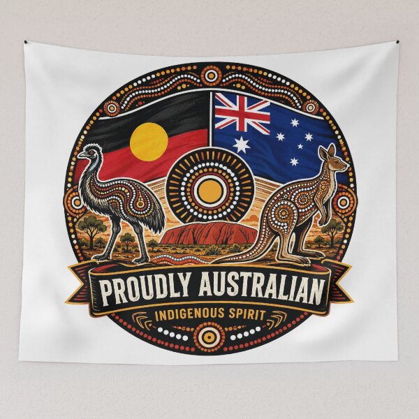 Item preview, Australia Spirit – Aboriginal-Inspired Flag Map Artwork designed and sold by Holiday-Hunter.