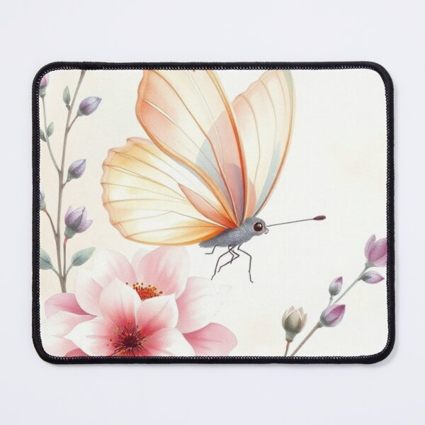 Item preview, Yellow Butterfly Hovering Over Pink Flowers Art designed and sold by Vida e Arte.
