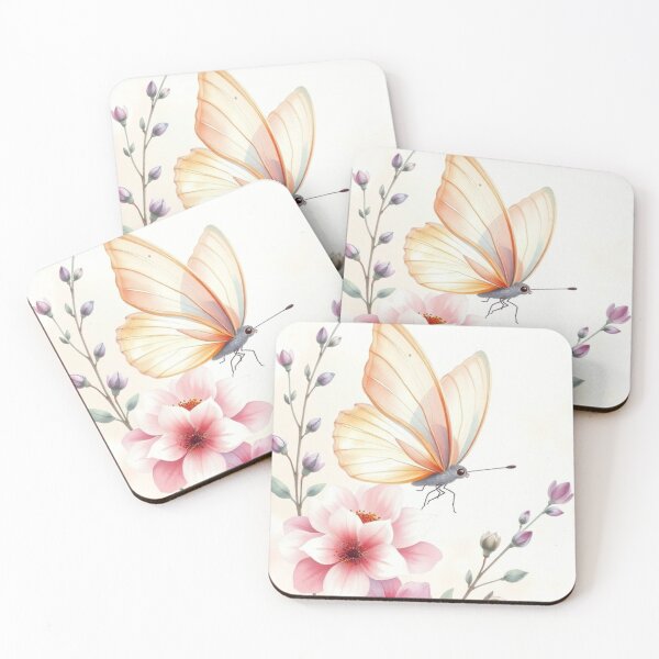 Item preview, Yellow Butterfly Hovering Over Pink Flowers Art designed and sold by Vida e Arte.