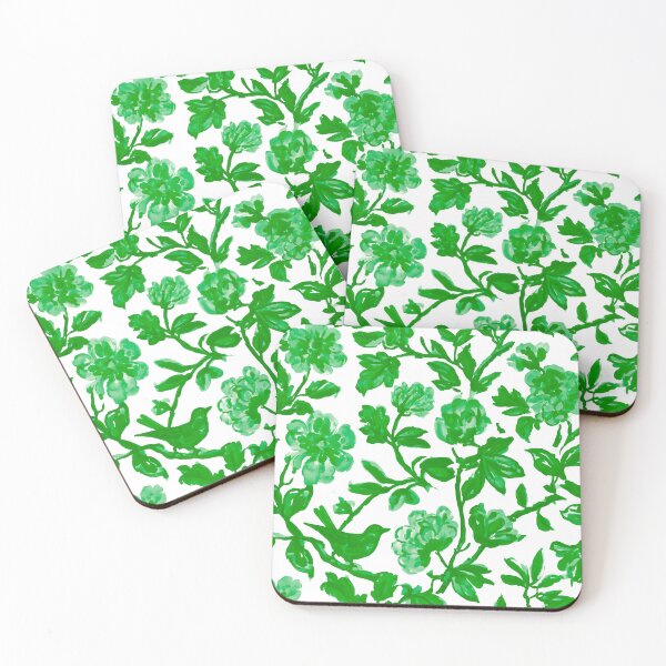 Item preview, Preppy green chinoiserie birds flowers and branches on white designed and sold by SophieClimaArt.