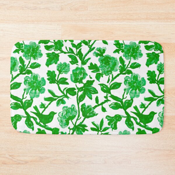 Item preview, Preppy green chinoiserie birds flowers and branches on white designed and sold by SophieClimaArt.