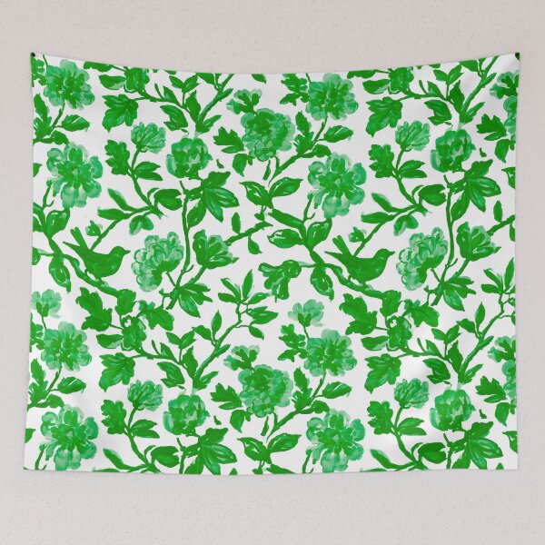 Item preview, Preppy green chinoiserie birds flowers and branches on white designed and sold by SophieClimaArt.
