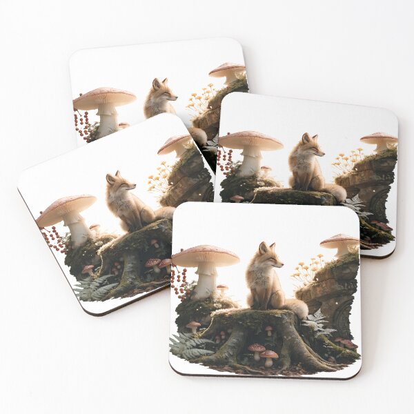Item preview, Mystical Fox on Mossy Tree Stump – Cottagecore Mushroom Forest designed and sold by CozyAnimalArt.