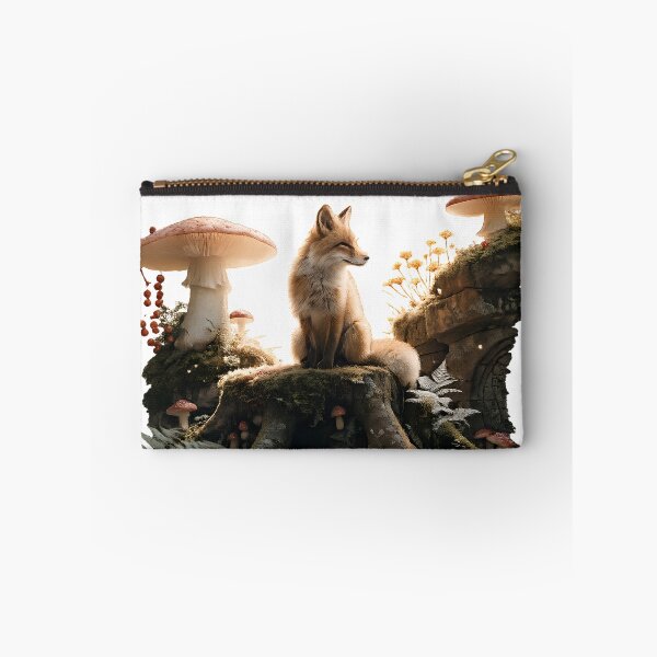 Item preview, Mystical Fox on Mossy Tree Stump – Cottagecore Mushroom Forest designed and sold by CozyAnimalArt.