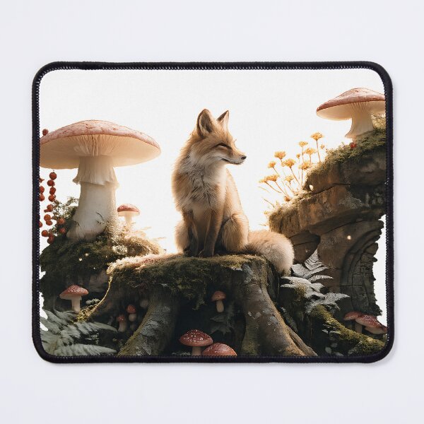 Item preview, Mystical Fox on Mossy Tree Stump – Cottagecore Mushroom Forest designed and sold by CozyAnimalArt.