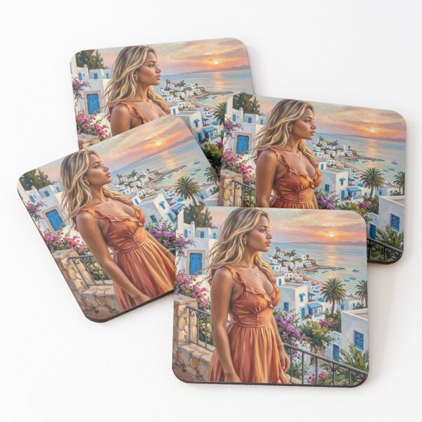 Item preview, MEDITERRANEAN SUNSET IN GREECE WOMAN IN ORANGE DRESS IMPRESSIONIST OIL PAINTING designed and sold by Curiosiart.