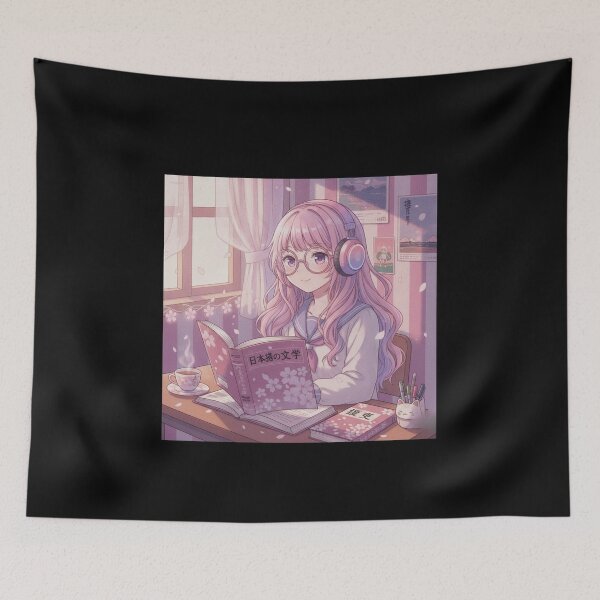 Item preview, Japanese anime study mode kawaii girl headphones hiragana lofi art gift designed and sold by language-des.