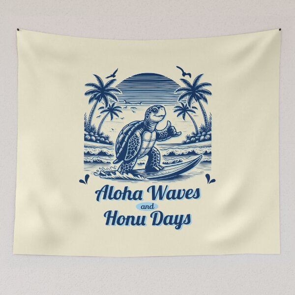 Item preview, Diseño de tortuga marina surfeando con Aloha Waves y Honu Days | Arte retro de playa hawaiana designed and sold by Sachie's Studio.