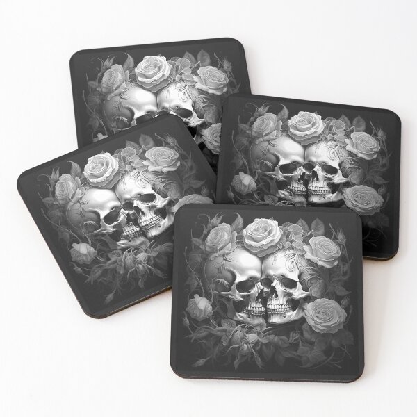 Item preview, Black and White Floral Skull Couple Gothic Art designed and sold by inkoutninja.
