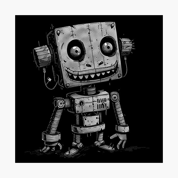 Item preview, Black and White Creepy Cute Robot Character Art designed and sold by inkoutninja.
