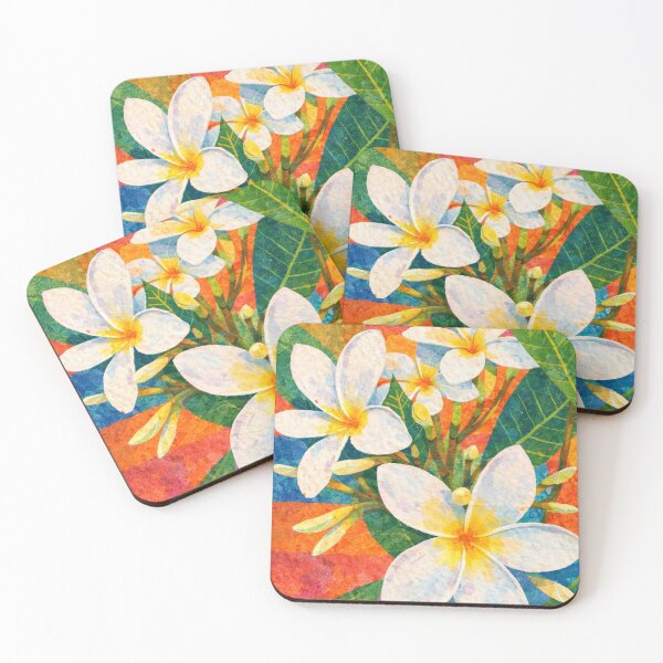 Item preview, White Plumeria Flowers, Colorful Mixed Media Digital Collage, designed and sold by SWSandraWechner.