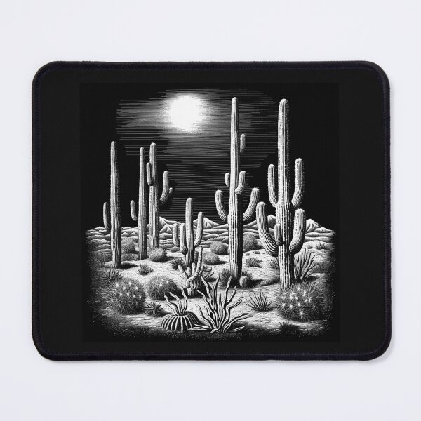 Item preview, Black and White Moonlit Desert Cactus Landscape designed and sold by inkoutninja.
