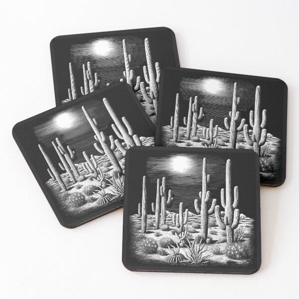 Item preview, Black and White Moonlit Desert Cactus Landscape designed and sold by inkoutninja.