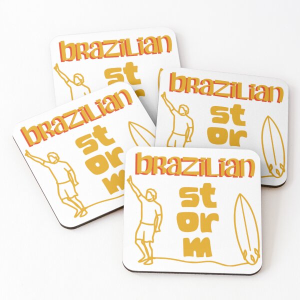 Item preview, quote "Brazilian Storm" and a line art of Gabriel Medina (surf) in yellow designed and sold by N-art-halia.