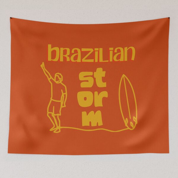 Item preview, quote "Brazilian Storm" and a line art of Gabriel Medina (surf) in yellow designed and sold by N-art-halia.