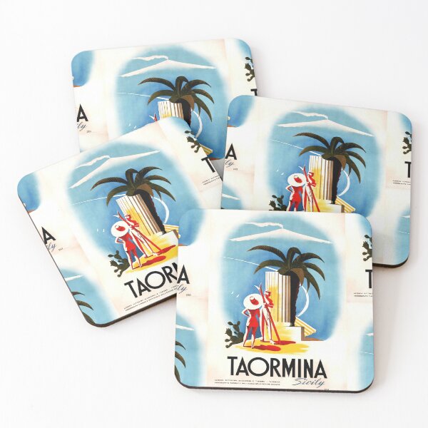 Item preview, Vintage Taormina Travel Poster | Mid-Century Art Deco Style | Sicily Print with Mount Etna & Palm Tree | Mediterranean Decor designed and sold by artofuniverse.