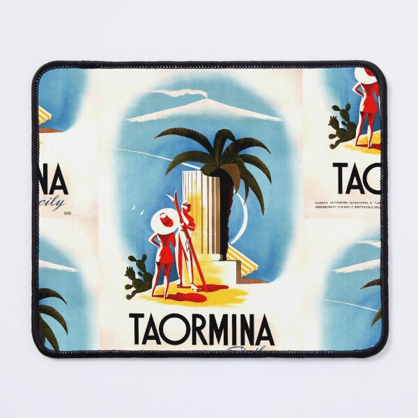Item preview, Vintage Taormina Travel Poster | Mid-Century Art Deco Style | Sicily Print with Mount Etna & Palm Tree | Mediterranean Decor designed and sold by artofuniverse.
