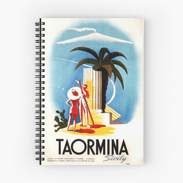 Item preview, Vintage Taormina Travel Poster | Mid-Century Art Deco Style | Sicily Print with Mount Etna & Palm Tree | Mediterranean Decor designed and sold by artofuniverse.