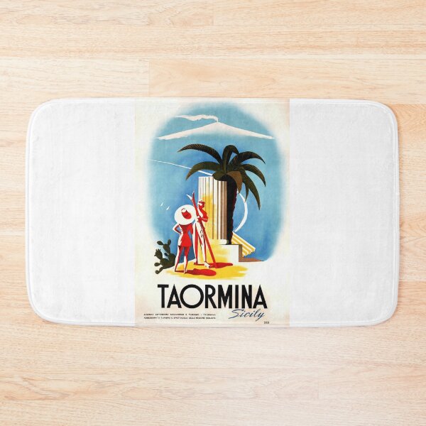 Item preview, Vintage Taormina Travel Poster | Mid-Century Art Deco Style | Sicily Print with Mount Etna & Palm Tree | Mediterranean Decor designed and sold by artofuniverse.