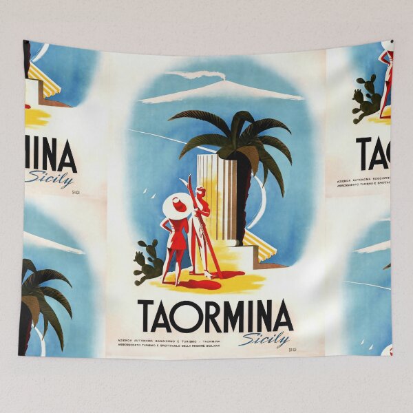 Item preview, Vintage Taormina Travel Poster | Mid-Century Art Deco Style | Sicily Print with Mount Etna & Palm Tree | Mediterranean Decor designed and sold by artofuniverse.