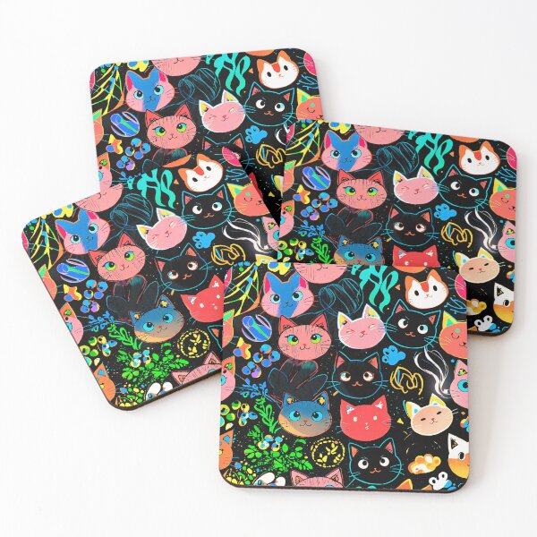 Item preview, Neon Kawaii Cat Faces Pattern – Cute Colorful Cats on Dark Aesthetic Background designed and sold by IMuDesigner.