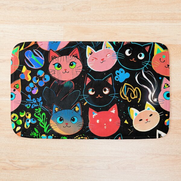 Item preview, Neon Kawaii Cat Faces Pattern – Cute Colorful Cats on Dark Aesthetic Background designed and sold by IMuDesigner.