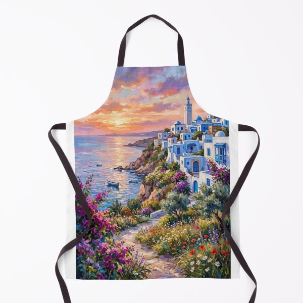 Item preview, Mediterranean coastal village at sunset. Impasto painting. Landscape with flowers and sea. designed and sold by Curiosiart.