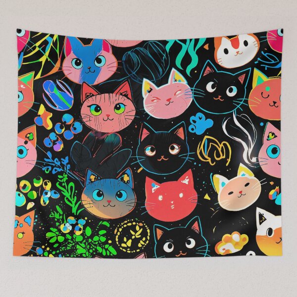 Item preview, Neon Kawaii Cat Faces Pattern – Cute Colorful Cats on Dark Aesthetic Background designed and sold by IMuDesigner.