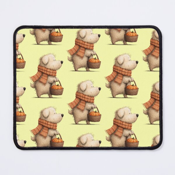 Item preview, A fuzzy dog wearing a scarf carries a basket with a pumpkin. designed and sold by Mauswohn.