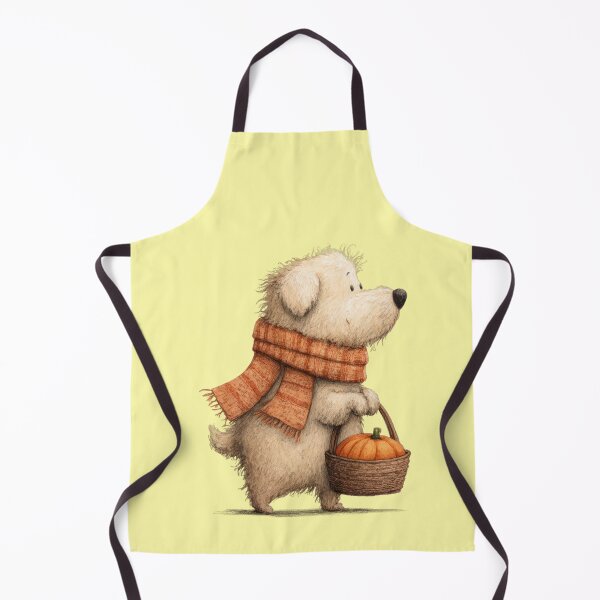 Item preview, A fuzzy dog wearing a scarf carries a basket with a pumpkin. designed and sold by Mauswohn.