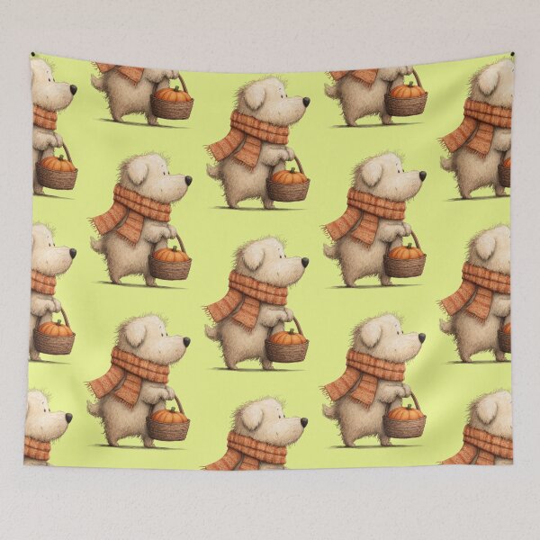 Item preview, A fuzzy dog wearing a scarf carries a basket with a pumpkin. designed and sold by Mauswohn.