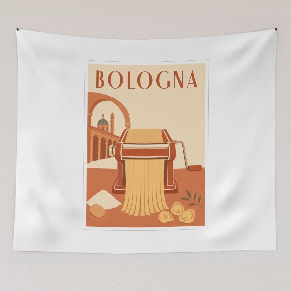 Item preview, Vintage Bologna Italy Pasta Machine Travel Poster designed and sold by Beyond Destinations.
