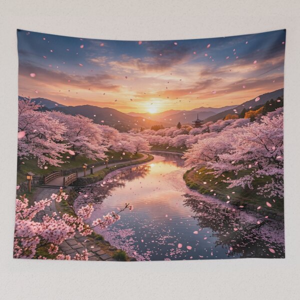 Item preview, Sakura River Sunset – Dreamy Japanese Cherry Blossom Landscape designed and sold by Quiet life.