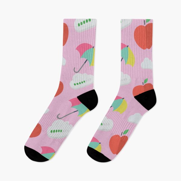 Item preview, Cute seamless pattern with red apples, colorful umbrellas, and clouds on pink background. designed and sold by AjjimaJKM.