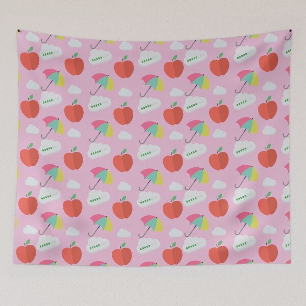 Item preview, Cute seamless pattern with red apples, colorful umbrellas, and clouds on pink background. designed and sold by AjjimaJKM.