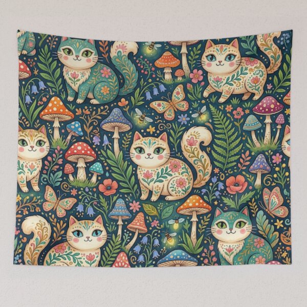 Item preview, Magical Cats in Mushroom Forest Pattern designed and sold by Iampoji.