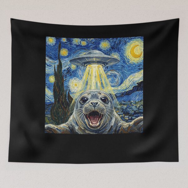 Item preview, Seal Starry Night UFO Van Gogh Art Animal Selfie Lover designed and sold by Kimberley King Art  King Art.